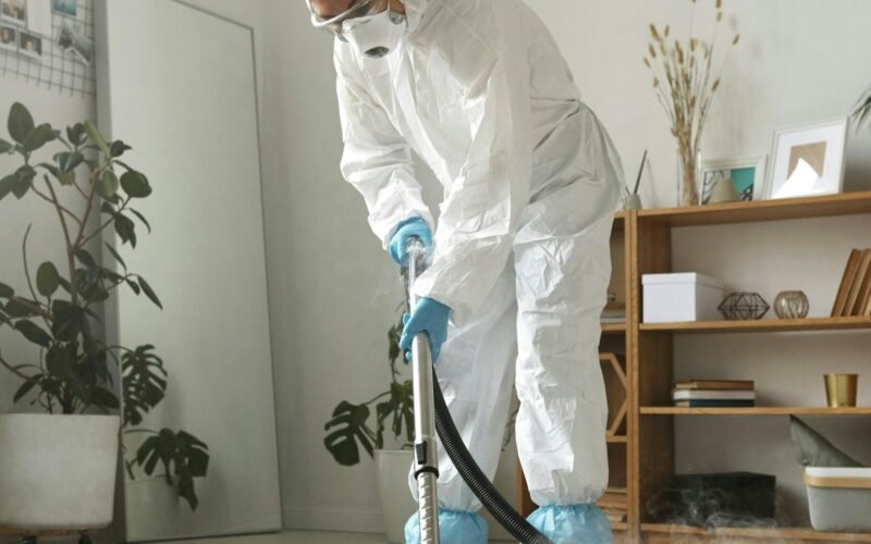 Carpet cleaning technician in protective gear treating a residential carpet