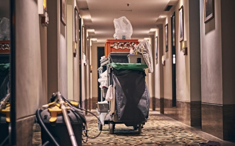 Apartment building corridor carpet showing traffic lane wear before cleaning