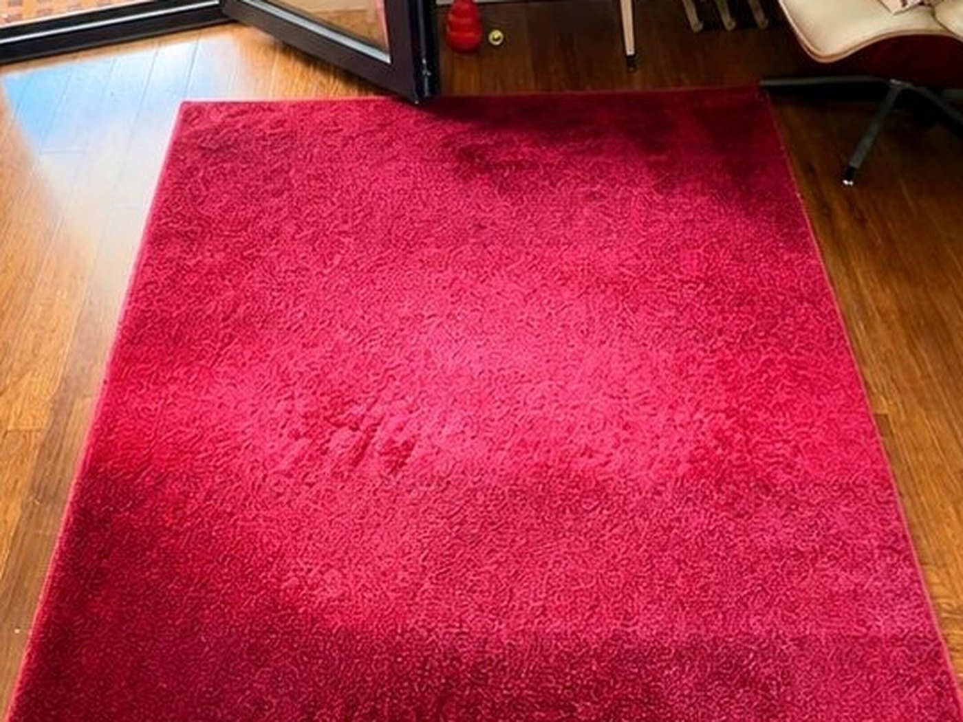 Red shag rug, traffic-lane dulling. After cleaning by Horizon Solutions Group.