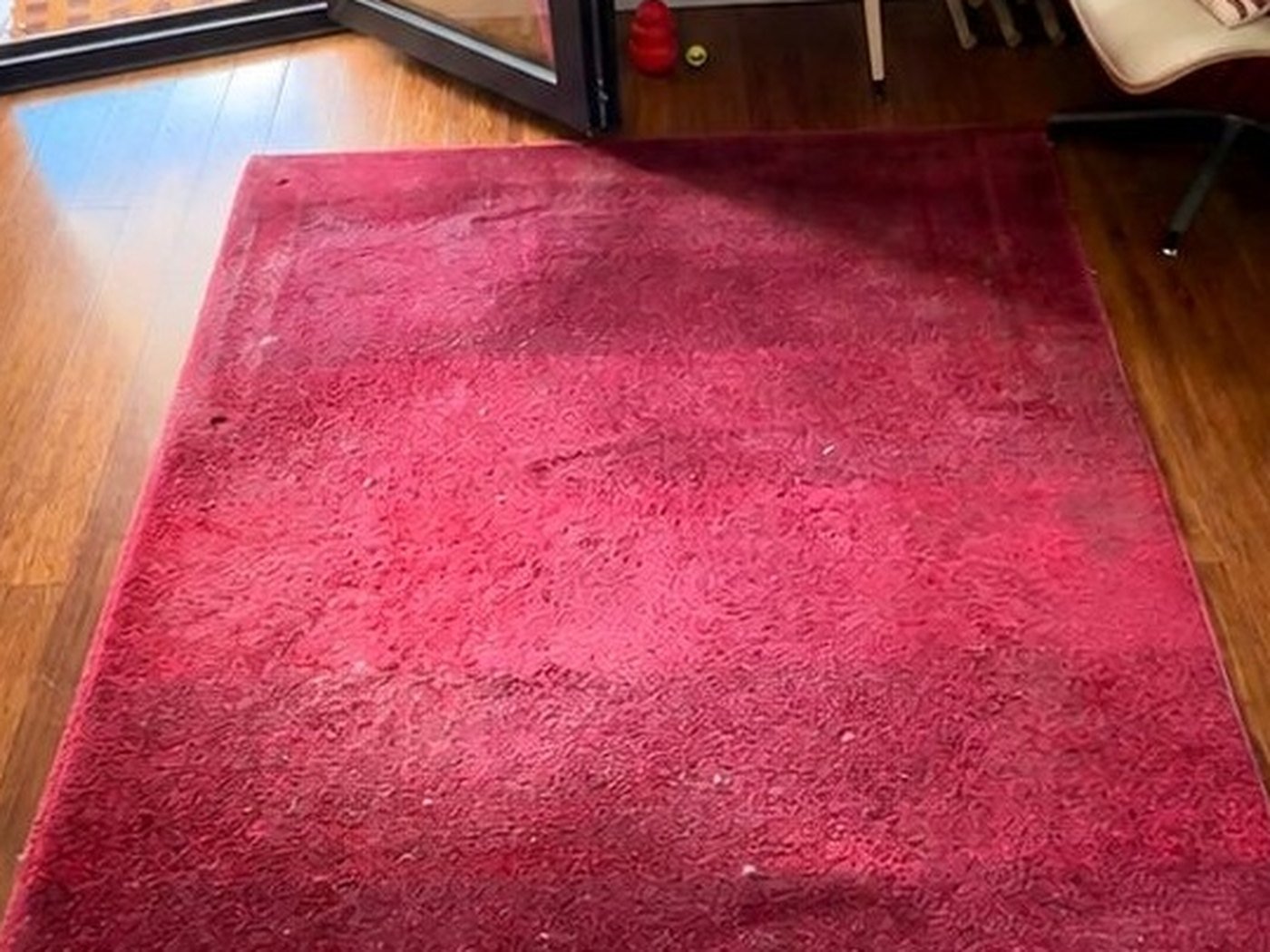 Red shag rug, traffic-lane dulling. Before cleaning.