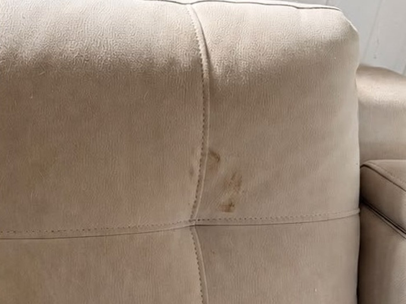 Suede-look lounge with a set-in mark on the backrest. Before cleaning.